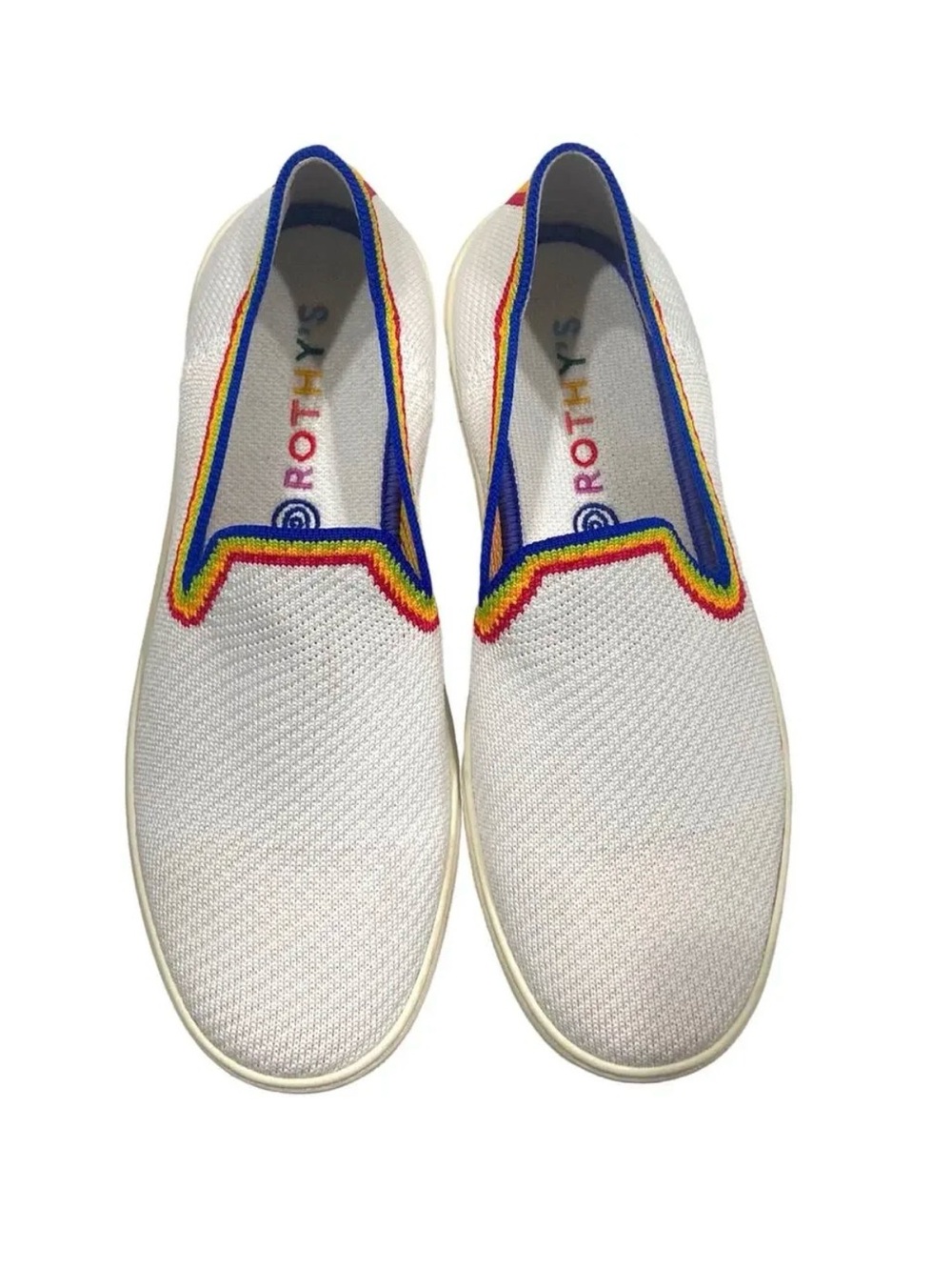 Rothy's White Slip-On Loafers with Rainbow Trim